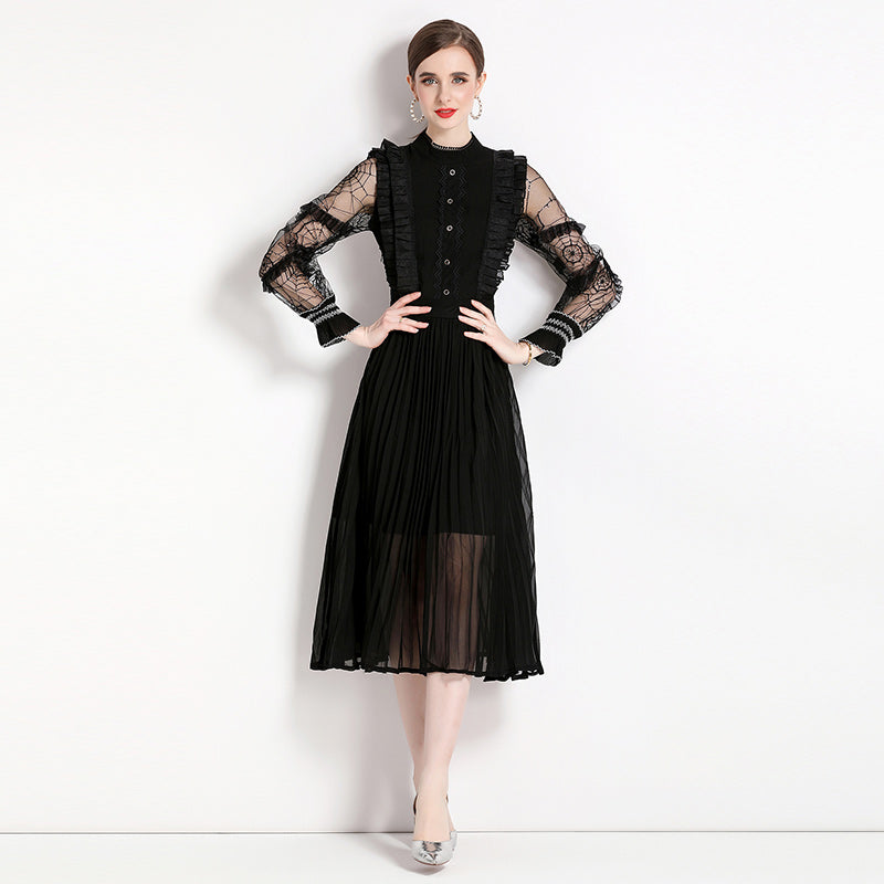 CM-DY056459 Women Elegant European Style Stand Collar Lantern Sleeve Midi Dress - Black