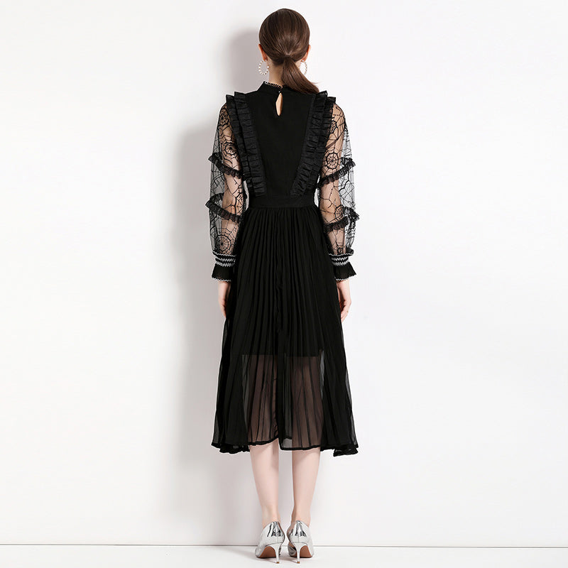 CM-DY056459 Women Elegant European Style Stand Collar Lantern Sleeve Midi Dress - Black