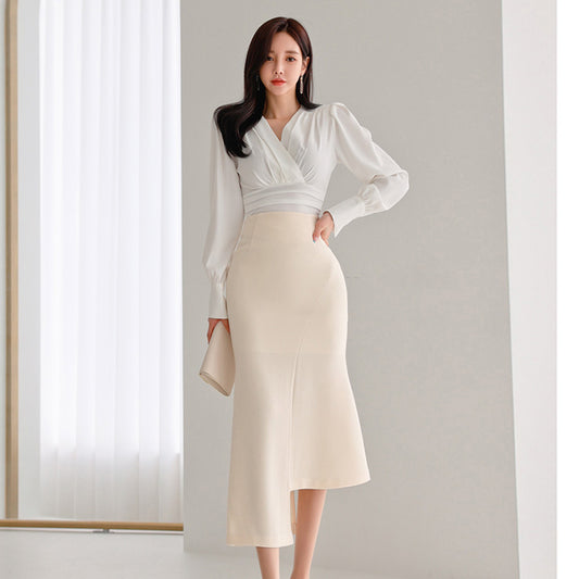 CM-SY057173 Women Elegant Seoul Style V-Neck Puff Sleeve Blouse With Midi Skirt - Set
