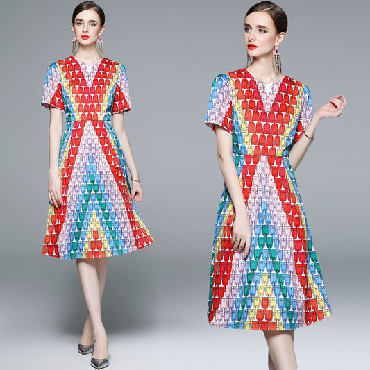 CM-DY057910 Women Elegant European Style Geometric Print Round Neck Short Sleeve Midi Dress