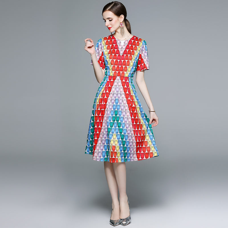 CM-DY057910 Women Elegant European Style Geometric Print Round Neck Short Sleeve Midi Dress