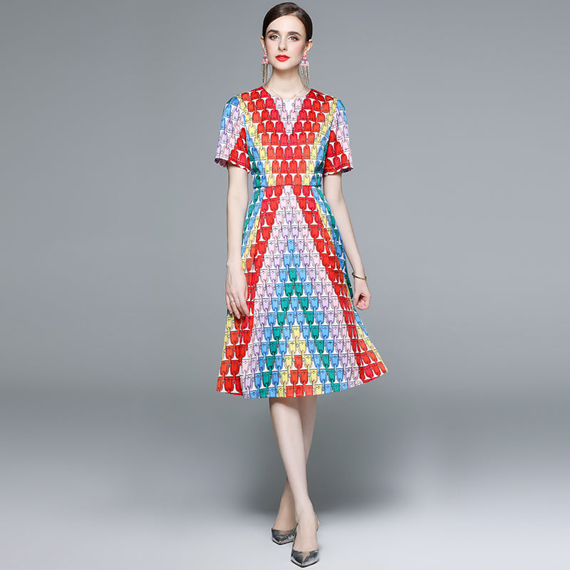 CM-DY057910 Women Elegant European Style Geometric Print Round Neck Short Sleeve Midi Dress