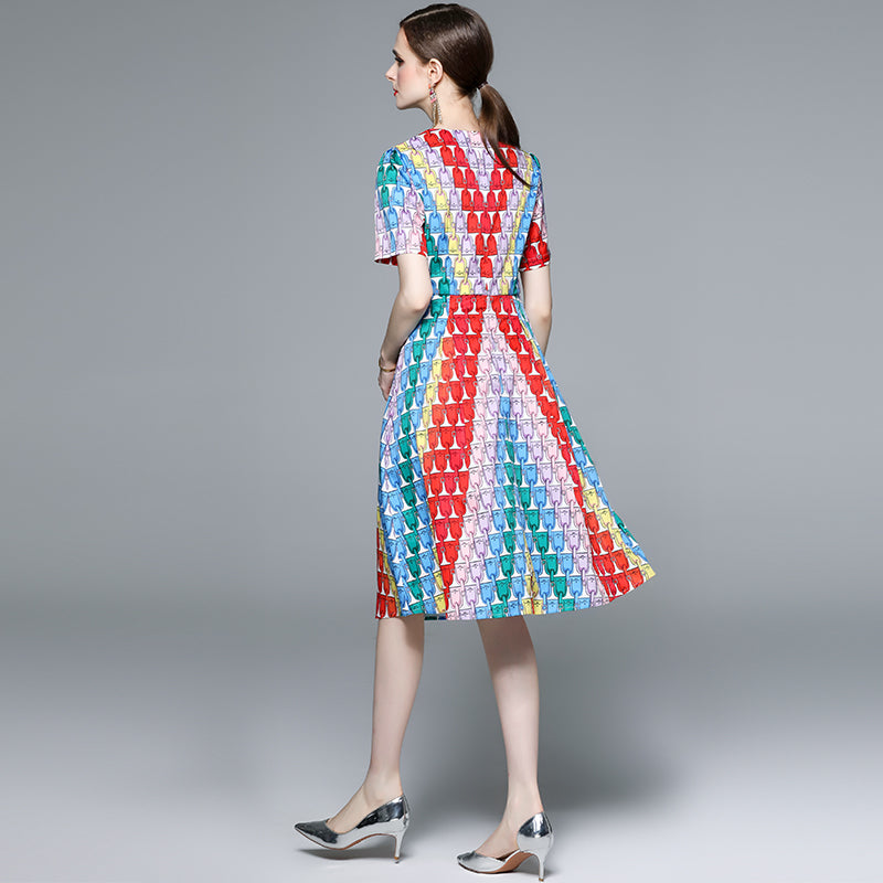 CM-DY057910 Women Elegant European Style Geometric Print Round Neck Short Sleeve Midi Dress
