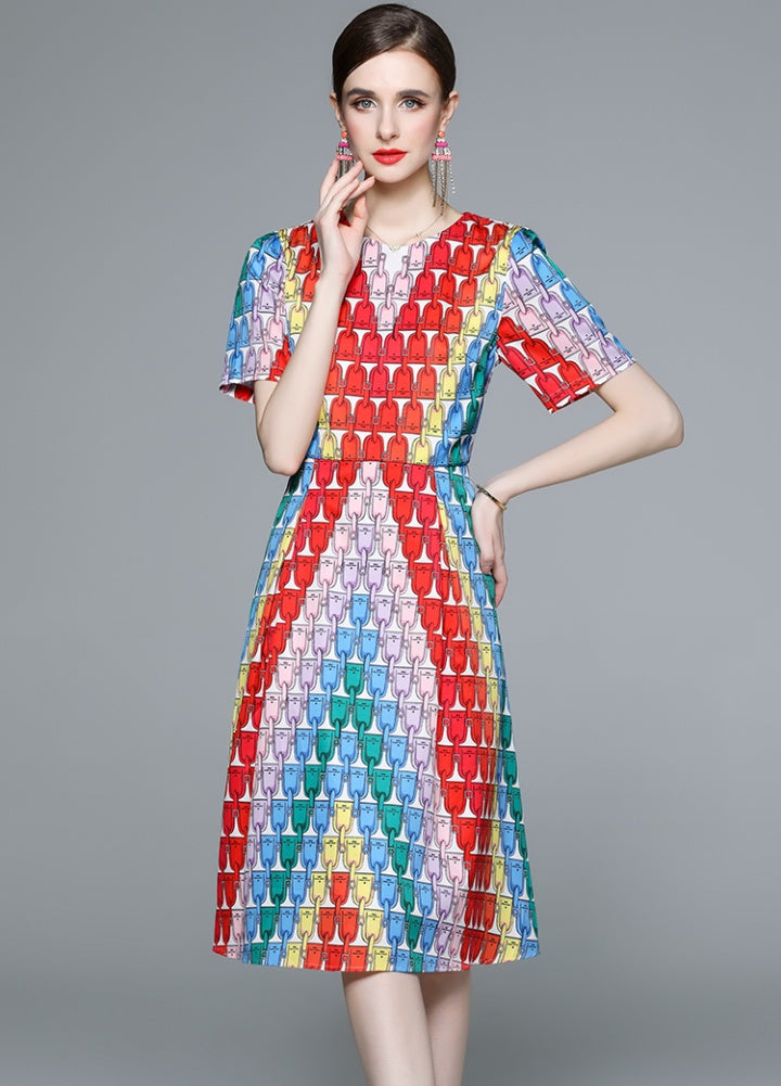 CM-DY057910 Women Elegant European Style Geometric Print Round Neck Short Sleeve Midi Dress