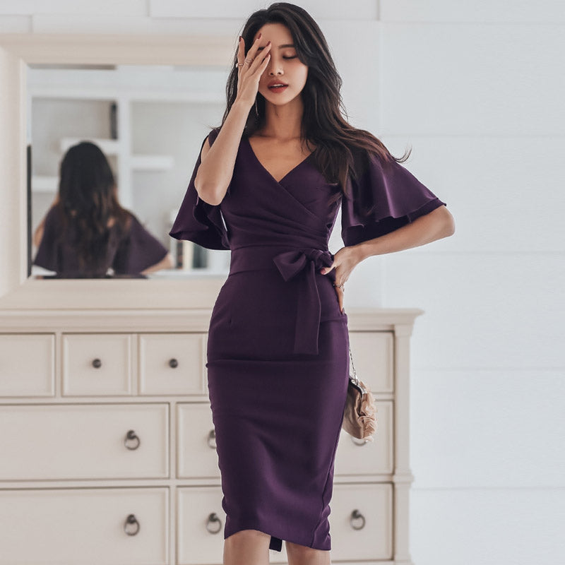 CM-DY057931 Women Elegant Seoul Style Slim Split Lotus Leaf Edges Dress - Purple