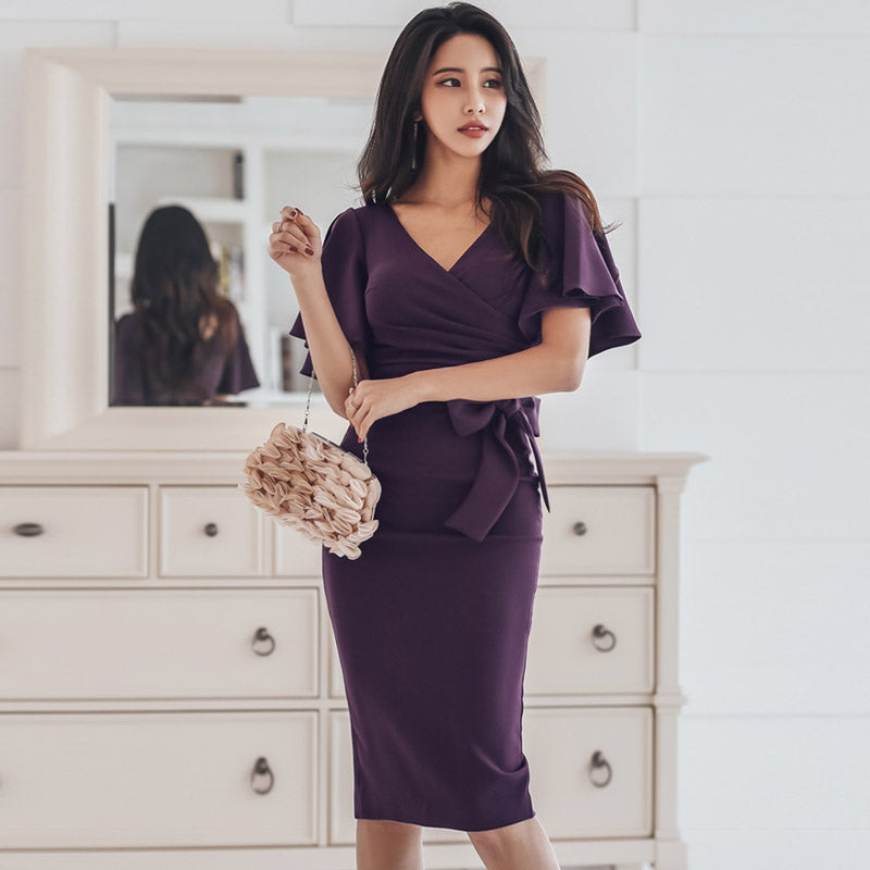 CM-DY057931 Women Elegant Seoul Style Slim Split Lotus Leaf Edges Dress - Purple