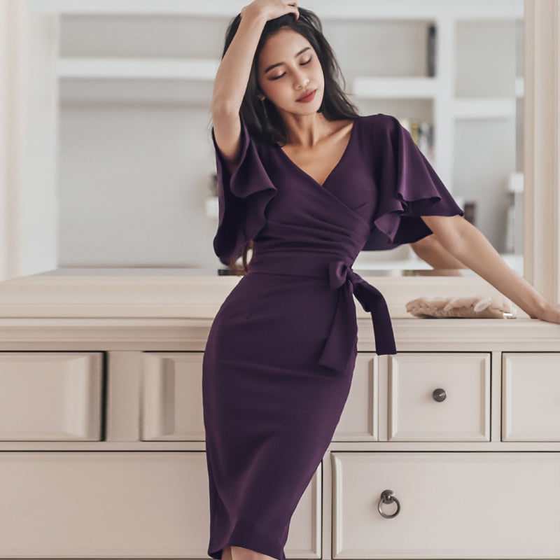 CM-DY057931 Women Elegant Seoul Style Slim Split Lotus Leaf Edges Dress - Purple