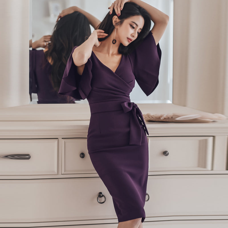 CM-DY057931 Women Elegant Seoul Style Slim Split Lotus Leaf Edges Dress - Purple