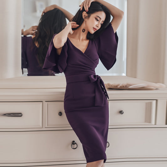 CM-DY057931 Women Elegant Seoul Style Slim Split Lotus Leaf Edges Dress - Purple