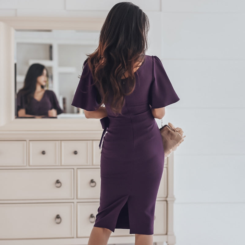CM-DY057931 Women Elegant Seoul Style Slim Split Lotus Leaf Edges Dress - Purple