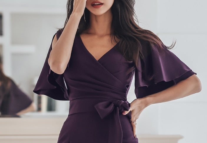 CM-DY057931 Women Elegant Seoul Style Slim Split Lotus Leaf Edges Dress - Purple