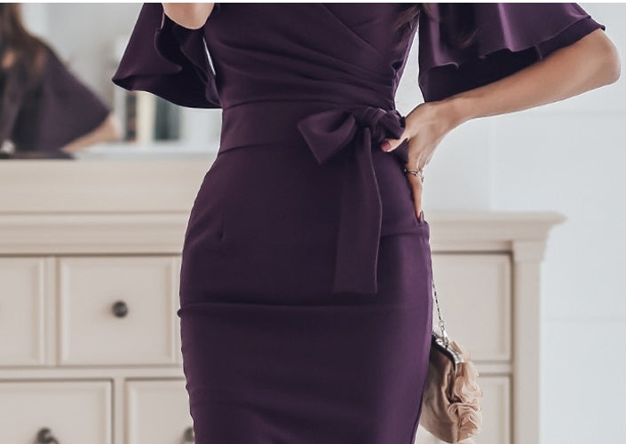 CM-DY057931 Women Elegant Seoul Style Slim Split Lotus Leaf Edges Dress - Purple