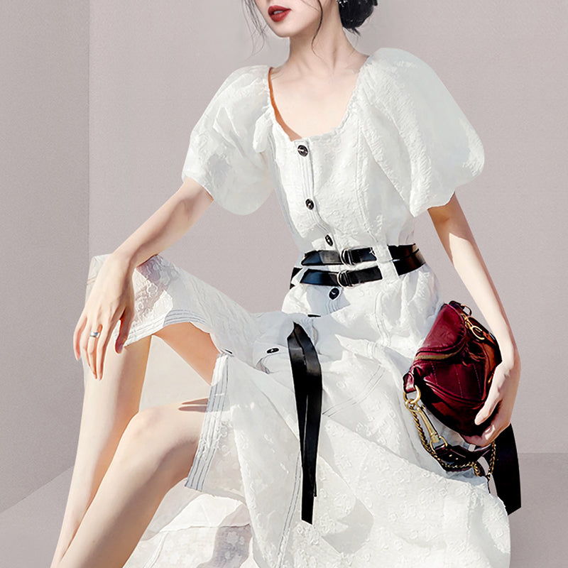 CM-DY058108 Women Casual European Style Jacquard Long Puff Sleeve Dress - White