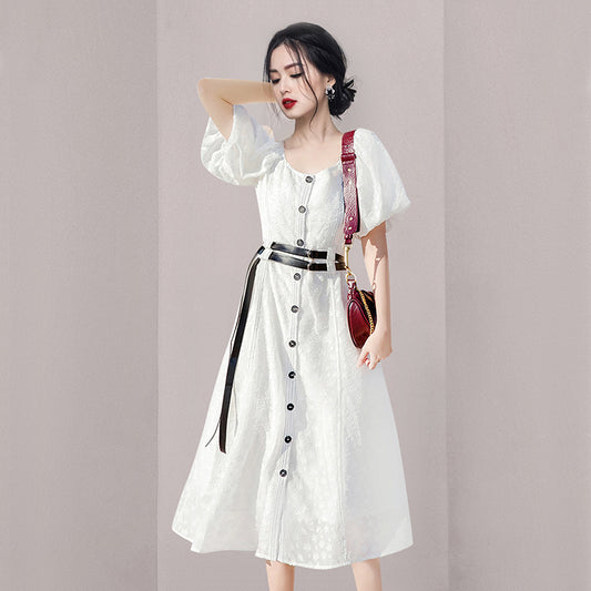 CM-DY058108 Women Casual European Style Jacquard Long Puff Sleeve Dress - White