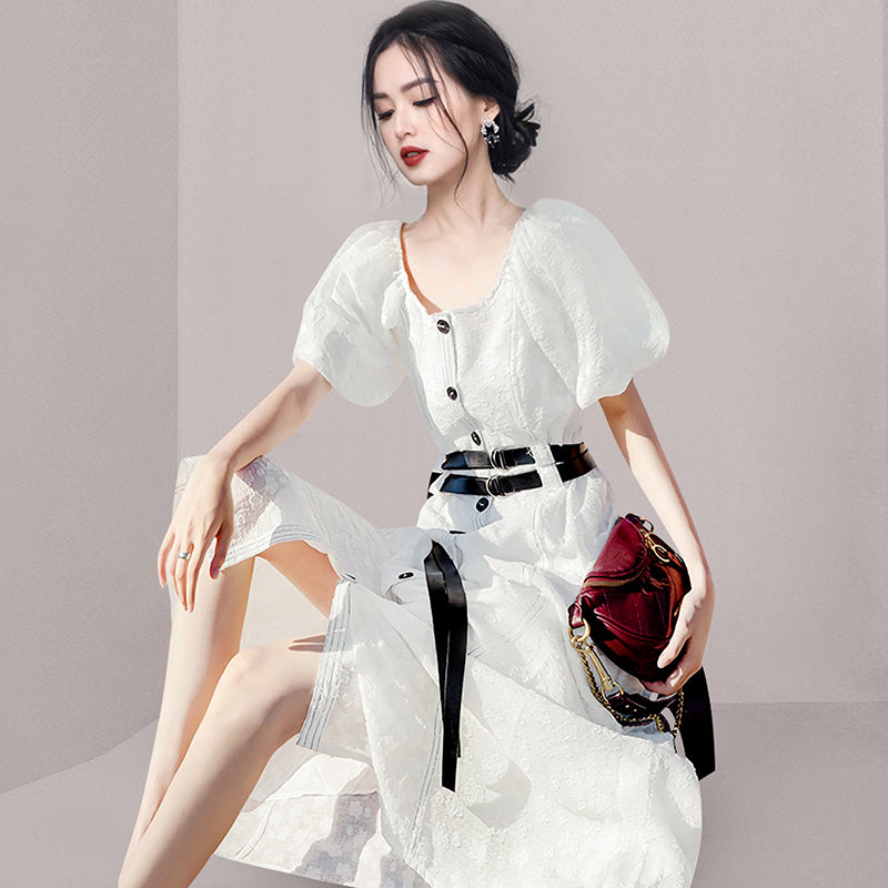 CM-DY058108 Women Casual European Style Jacquard Long Puff Sleeve Dress - White
