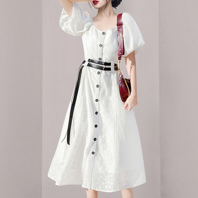 CM-DY058108 Women Casual European Style Jacquard Long Puff Sleeve Dress - White