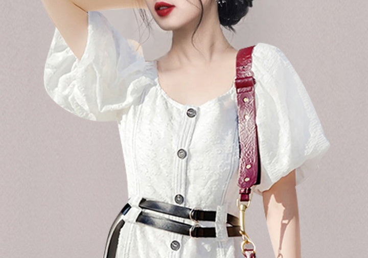 CM-DY058108 Women Casual European Style Jacquard Long Puff Sleeve Dress - White