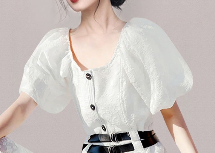 CM-DY058108 Women Casual European Style Jacquard Long Puff Sleeve Dress - White