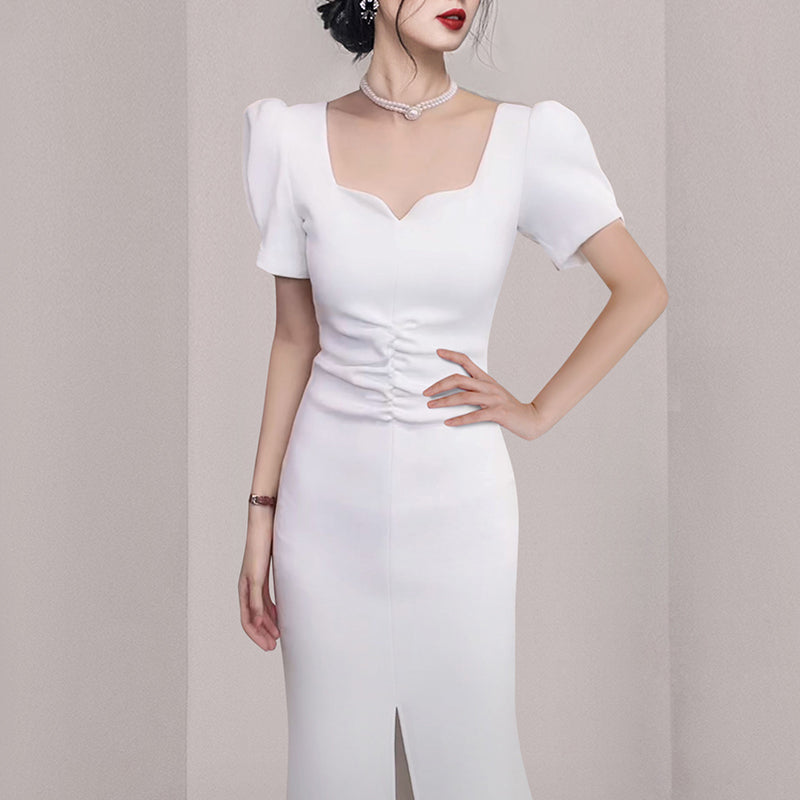 CM-DY058114 Women Elegant European Style V-Neck Long Folds Split Dress - White