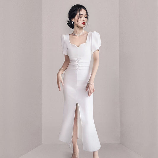 CM-DY058114 Women Elegant European Style V-Neck Long Folds Split Dress - White