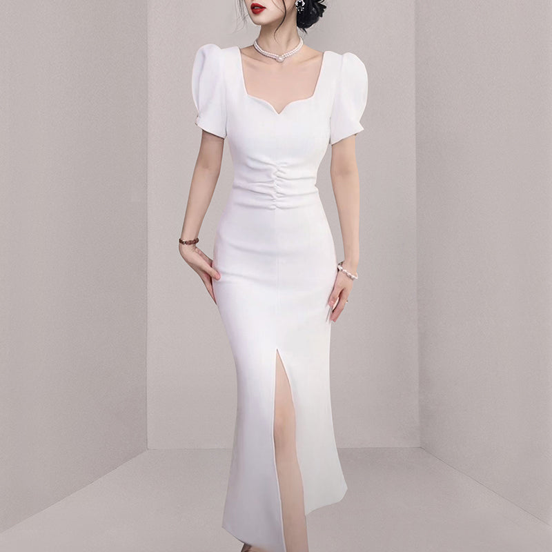 CM-DY058114 Women Elegant European Style V-Neck Long Folds Split Dress - White