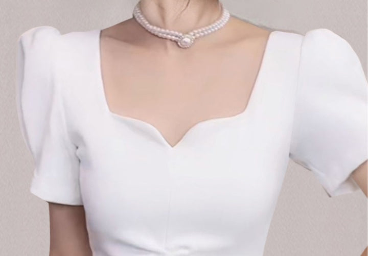 CM-DY058114 Women Elegant European Style V-Neck Long Folds Split Dress - White