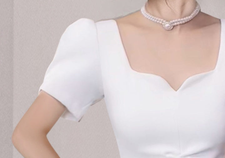 CM-DY058114 Women Elegant European Style V-Neck Long Folds Split Dress - White