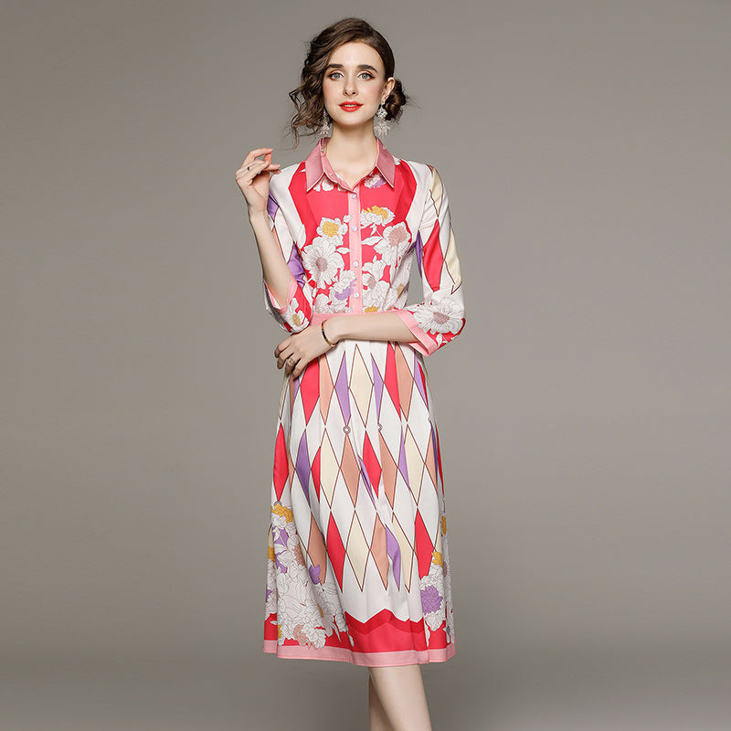 CM-DY058492 Women Elegant European Style Printing Pinched Waist Slim Dress