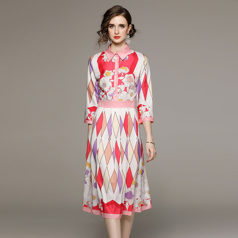 CM-DY058492 Women Elegant European Style Printing Pinched Waist Slim Dress
