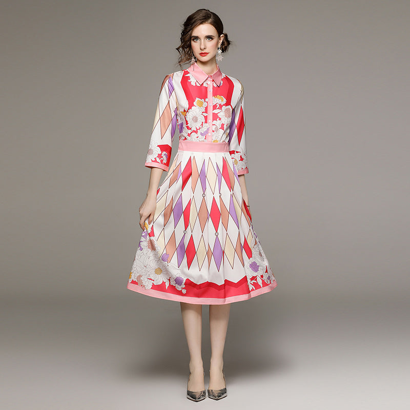 CM-DY058492 Women Elegant European Style Printing Pinched Waist Slim Dress