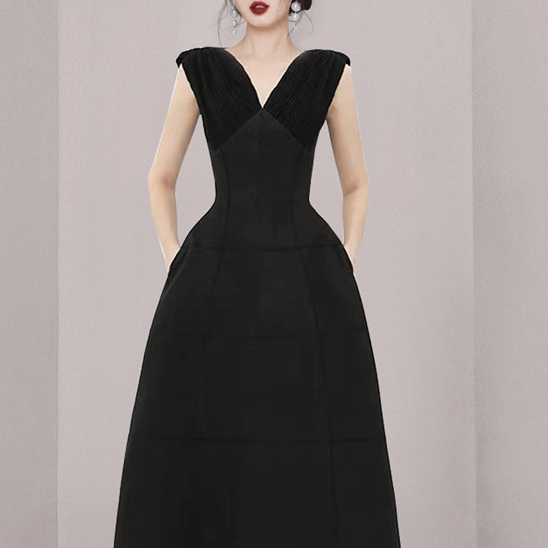 CM-DY058563 Women Elegant European Style Sleeveless V-Neck Slim Dress - Black