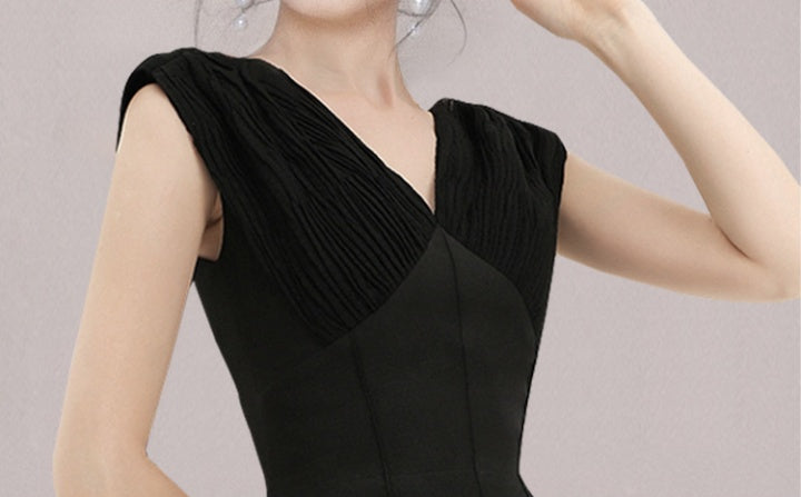 CM-DY058563 Women Elegant European Style Sleeveless V-Neck Slim Dress - Black