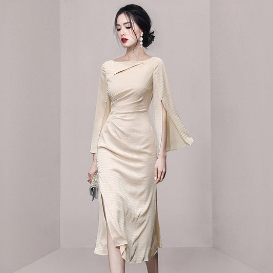 CM-DY058567 Women Elegant European Style Slim Slit Pinched Waist Midi Dress