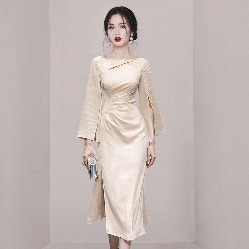 CM-DY058567 Women Elegant European Style Slim Slit Pinched Waist Midi Dress