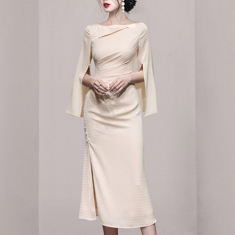 CM-DY058567 Women Elegant European Style Slim Slit Pinched Waist Midi Dress