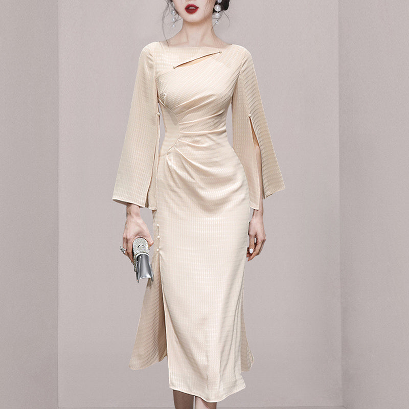 CM-DY058567 Women Elegant European Style Slim Slit Pinched Waist Midi Dress