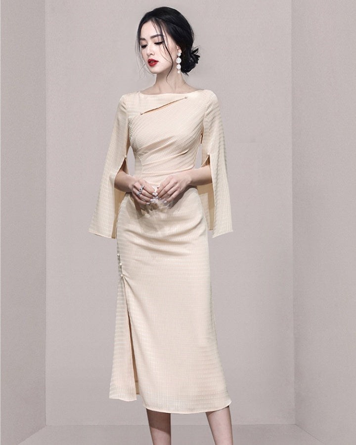 CM-DY058567 Women Elegant European Style Slim Slit Pinched Waist Midi Dress