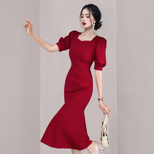 CM-DY059778 Women Elegant European Style High Waist Square Collar Short Sleeve Dress - Red
