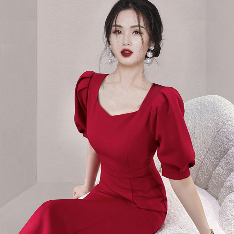CM-DY059778 Women Elegant European Style High Waist Square Collar Short Sleeve Dress - Red