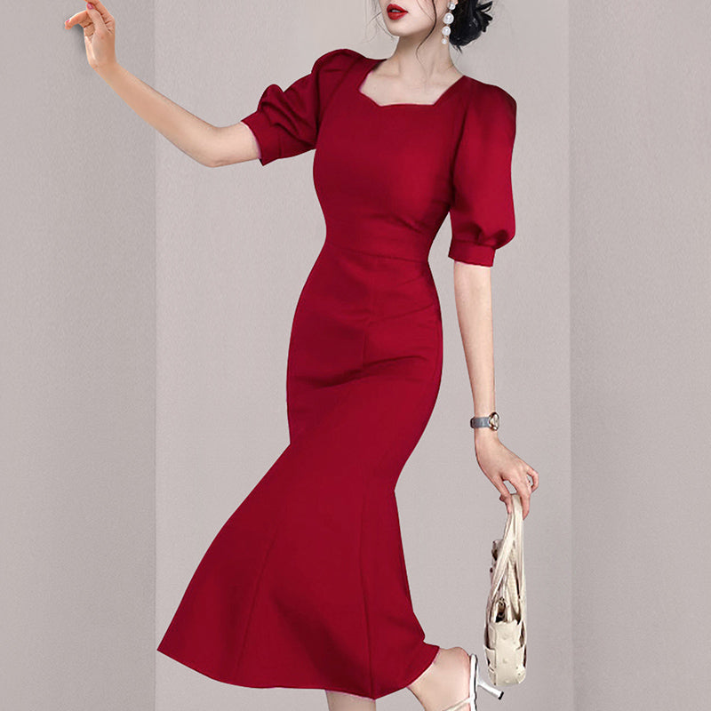 CM-DY059778 Women Elegant European Style High Waist Square Collar Short Sleeve Dress - Red