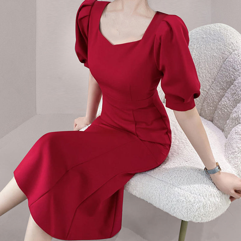 CM-DY059778 Women Elegant European Style High Waist Square Collar Short Sleeve Dress - Red