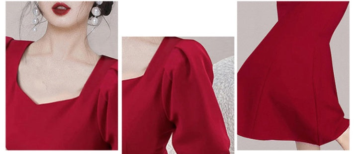 CM-DY059778 Women Elegant European Style High Waist Square Collar Short Sleeve Dress - Red