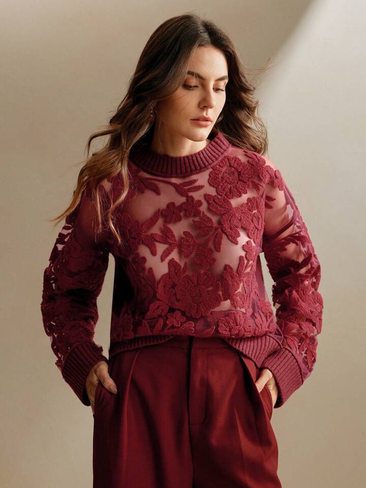 CM-CS301194 Women Casual Seoul Style Floral Pattern Round Neck Long Sleeve Knit Sweater - Burgundy