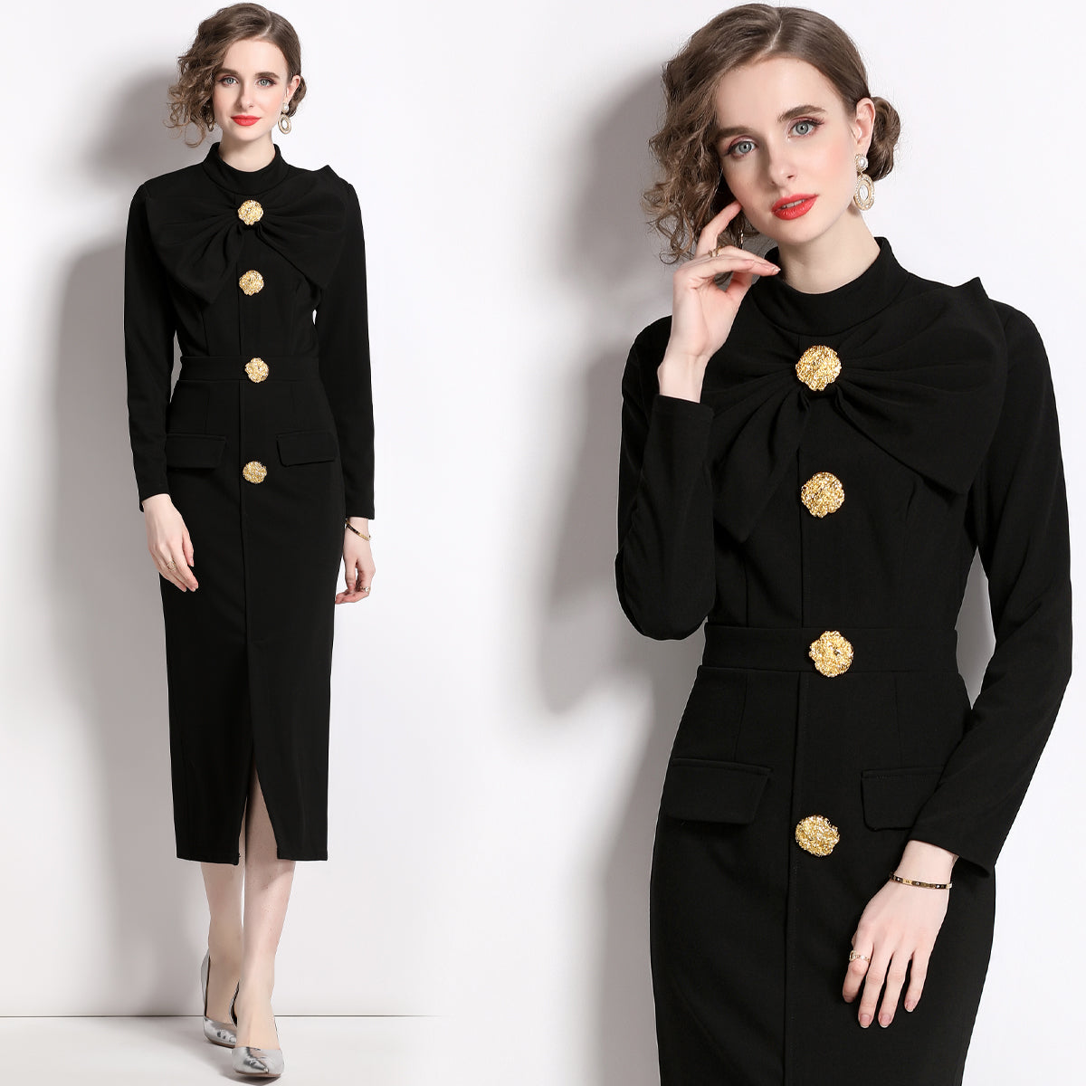 CM-DY060152 Women Elegant European Style Split Bow Round Neck Pinched Waist Long Sleeve Midi Dress - Black