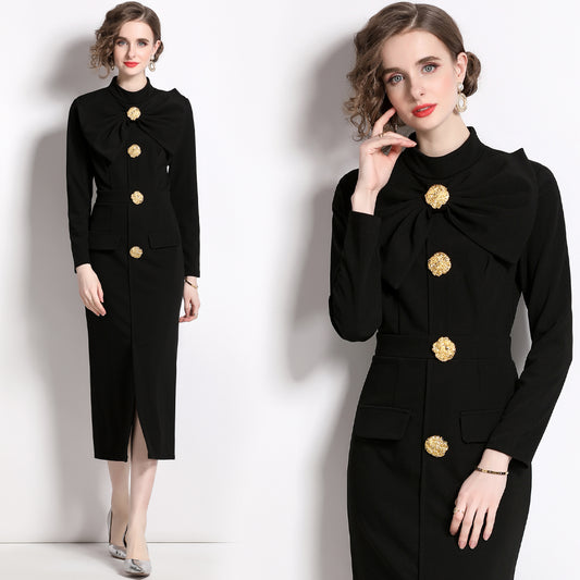 CM-DY060152 Women Elegant European Style Split Bow Round Neck Pinched Waist Long Sleeve Midi Dress - Black