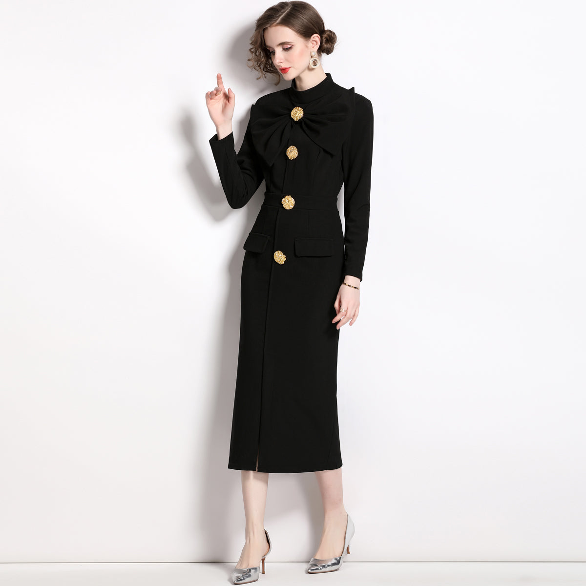CM-DY060152 Women Elegant European Style Split Bow Round Neck Pinched Waist Long Sleeve Midi Dress - Black