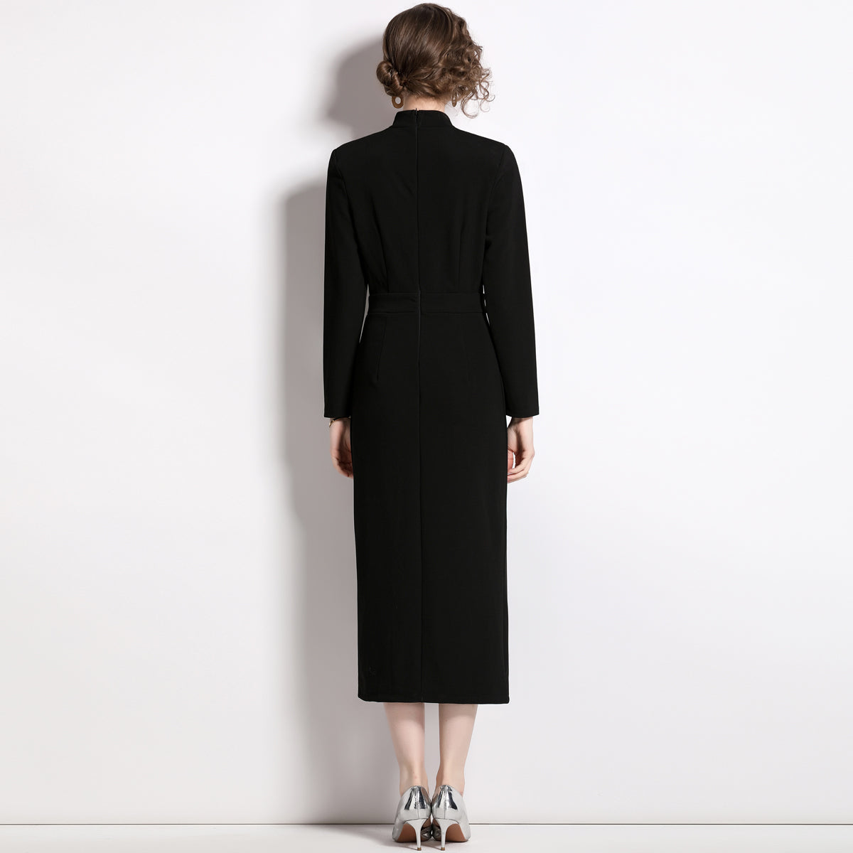 CM-DY060152 Women Elegant European Style Split Bow Round Neck Pinched Waist Long Sleeve Midi Dress - Black