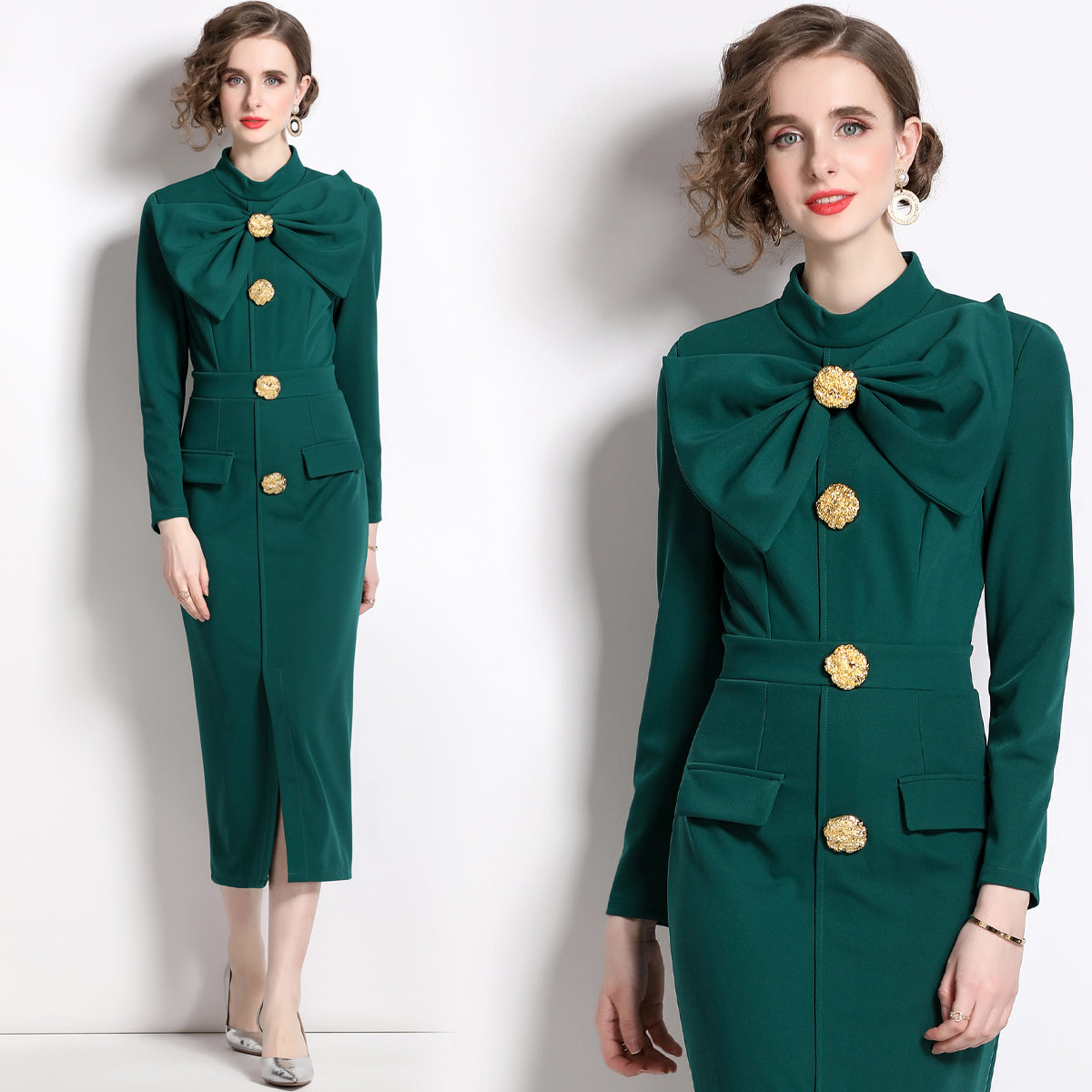 CM-DY060155 Women Elegant European Style Split Bow Round Neck Pinched Waist Long Sleeve Midi Dress - Green