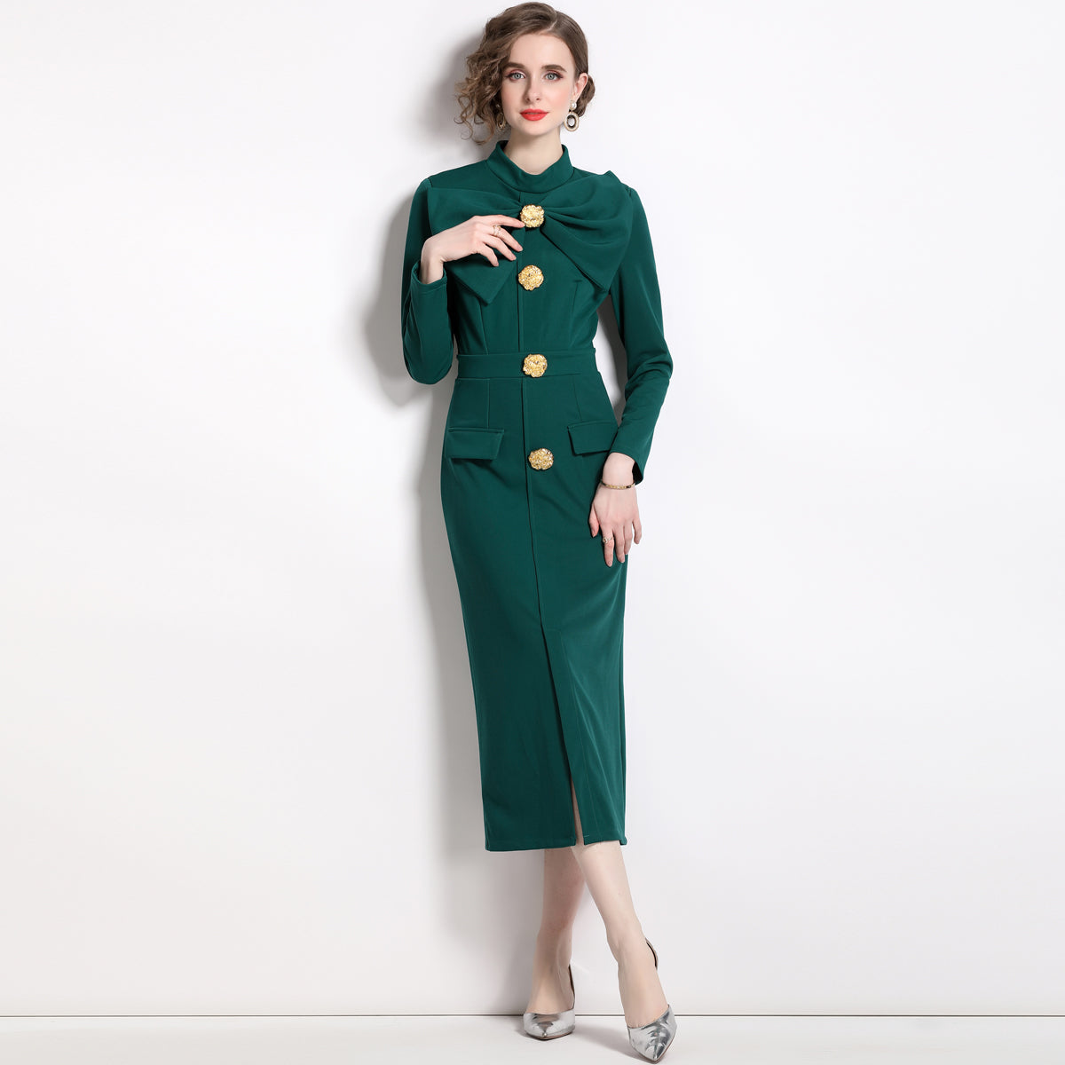 CM-DY060155 Women Elegant European Style Split Bow Round Neck Pinched Waist Long Sleeve Midi Dress - Green