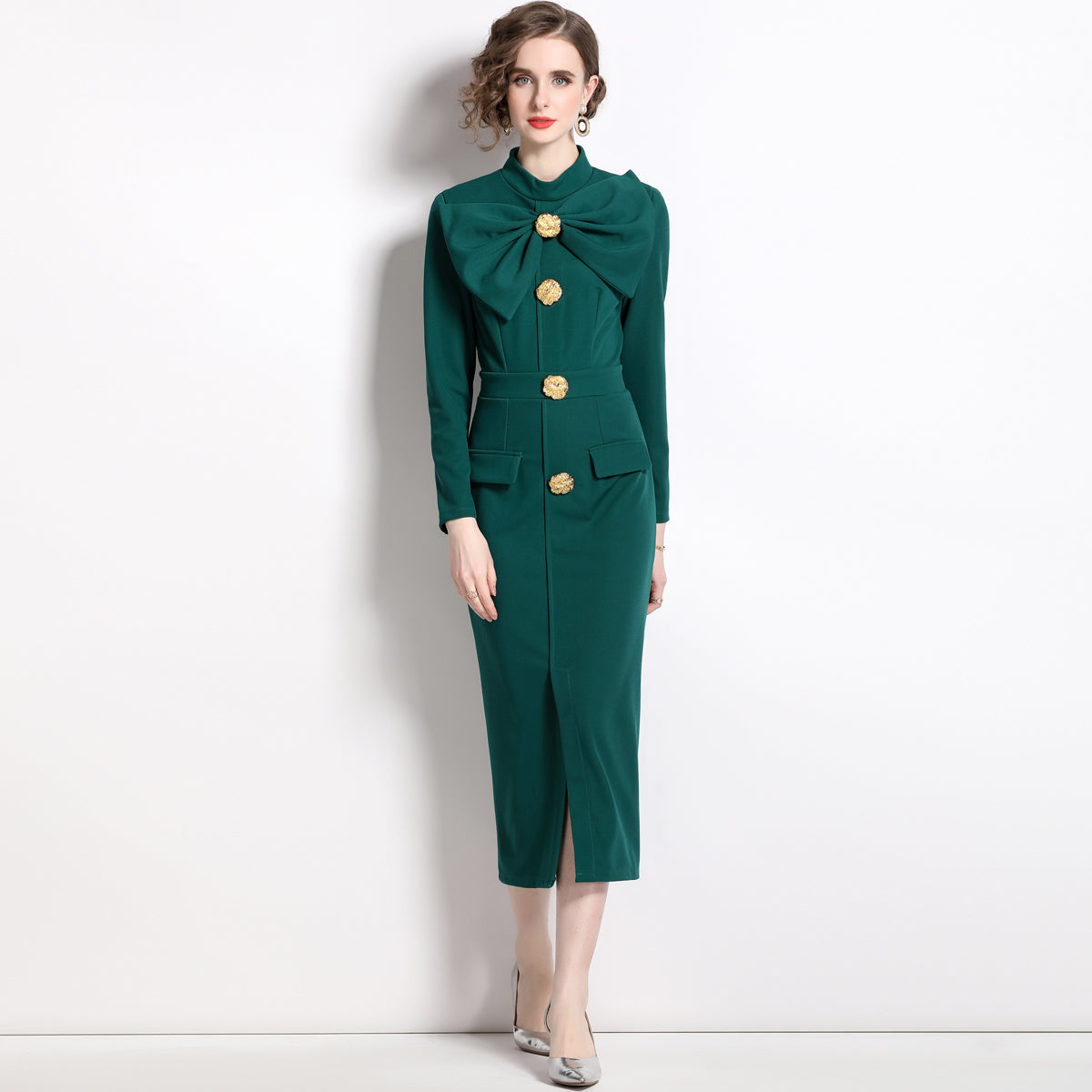CM-DY060155 Women Elegant European Style Split Bow Round Neck Pinched Waist Long Sleeve Midi Dress - Green